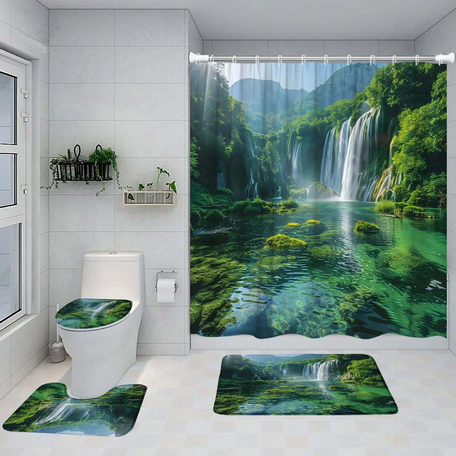 Forest Waterfall Shower Curtain Set Garden Butterfly Floral Spring Summer Home Carpet Decor Landscape Bath Mat Toilet Lid Cover