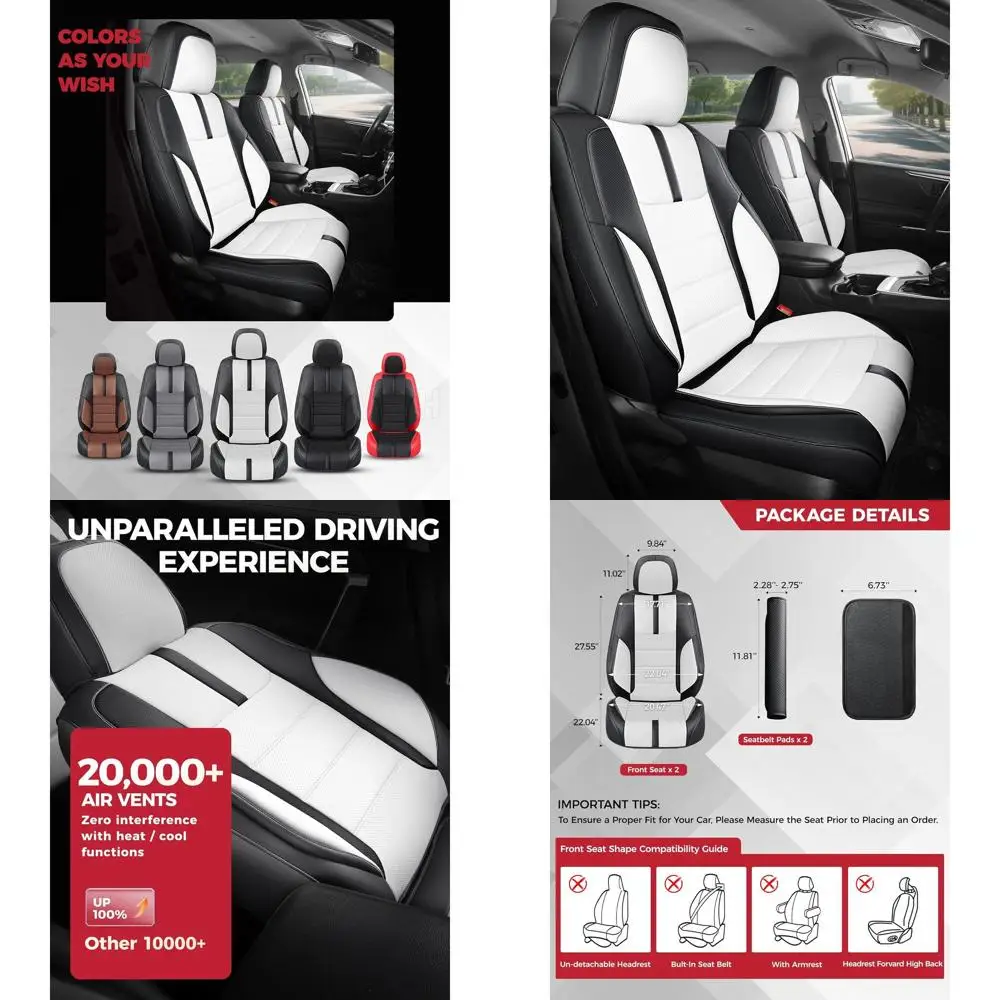 أغطية مقاعد السيارة من جلد نابا الصناعي باللونين الأبيض والأسود مع وسادات حزام الأمان من ألياف الكربون وواقيات وسادة لطيفة لسيارة السيدان #1