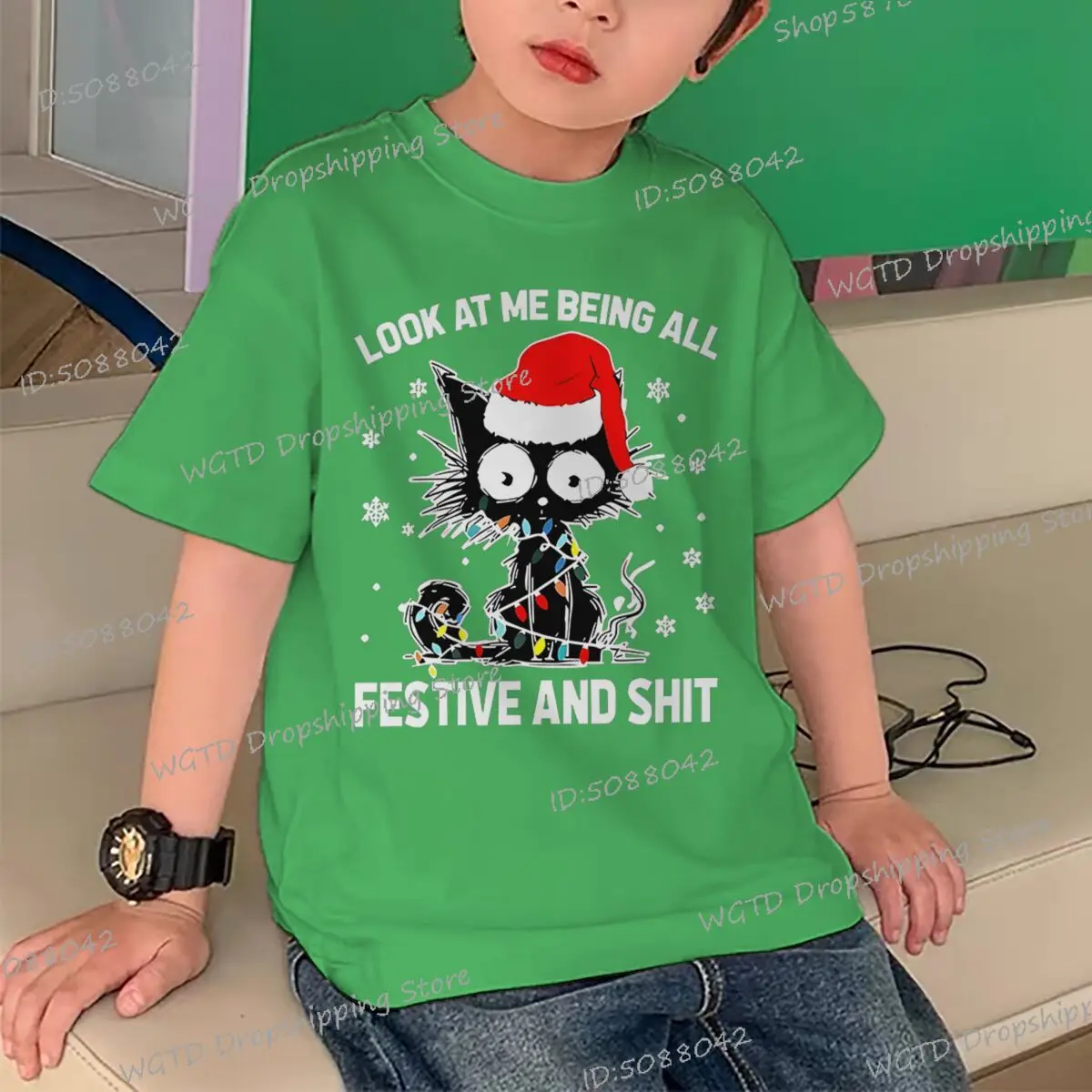 

Kids Clothing "Look At Me Being All Festive.." Cotton Tees Crewneck Fashion Short Sleeve Cartoon Cat Tshirts Xmas Streetwear