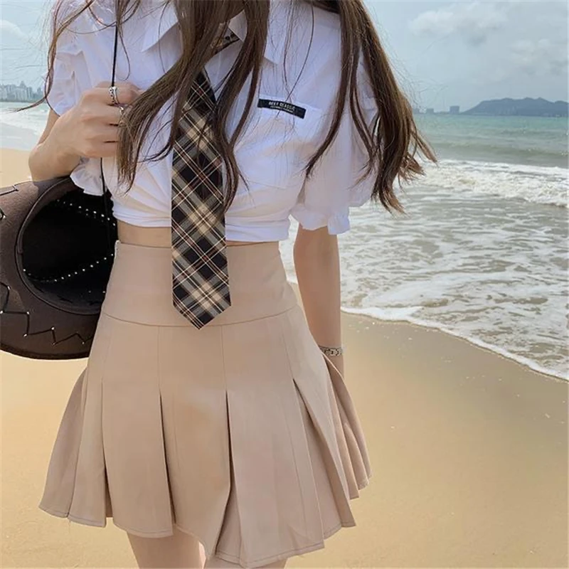 Conjuntos de saia plissada estilo universitário para estudantes, uniforme JK, camisa branca de manga curta, gravata para menina quente, estilo japonês e coreano, verão