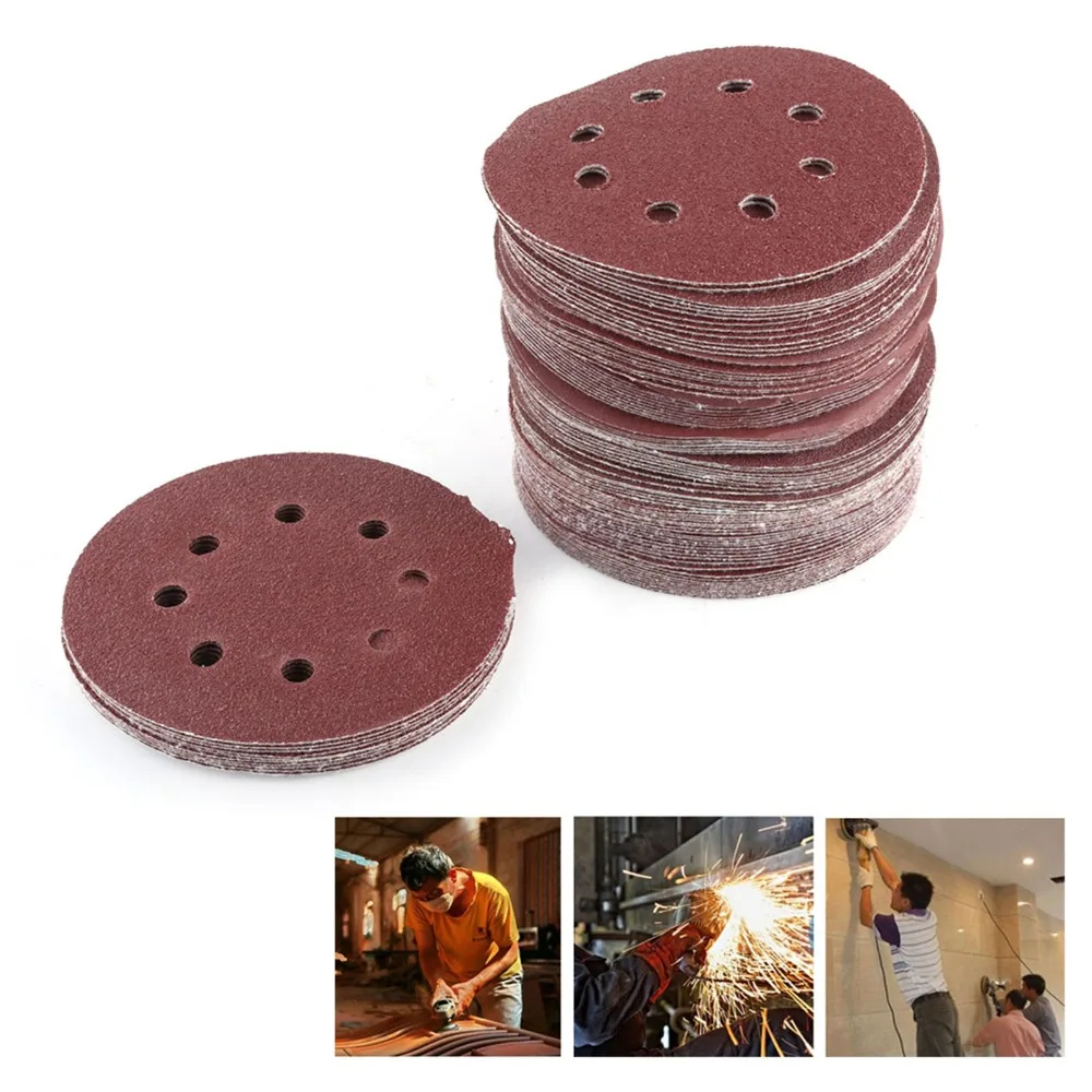 100pcs Alumina Polishing Sandpaper Discs 8 Holes Dust Extraction 60 80 100 120 240 Grit Round Sanding Discs 5 Inch Diameter
