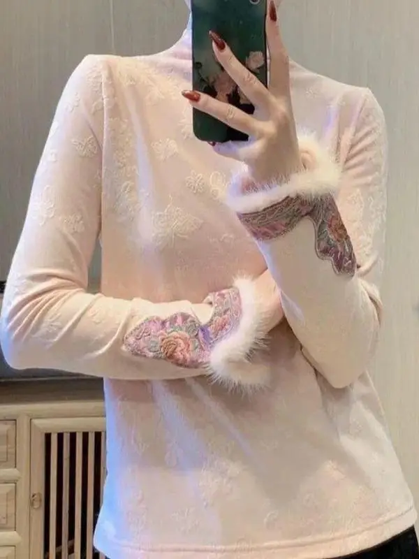 

Unique Light Weight Chinese Style Women's Long Sleeve T-Shirt Pink Patchwork Base Shirt Autumn Parka Simple Commute Style