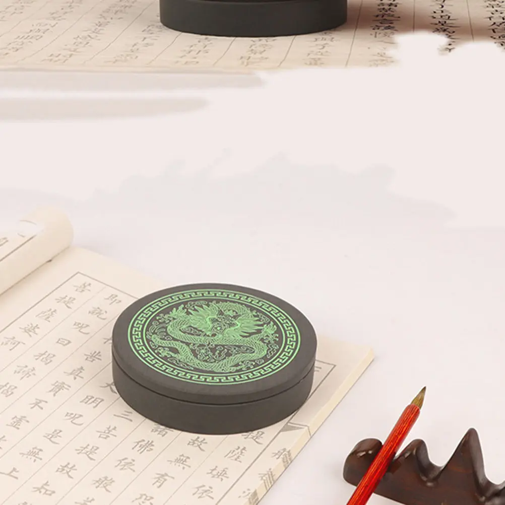 1Set 4 Inch Premium Calligraphy Inkstone Set Smooth Inner Surface Engraved Design Dustproof Lid for Sumi Painting Students