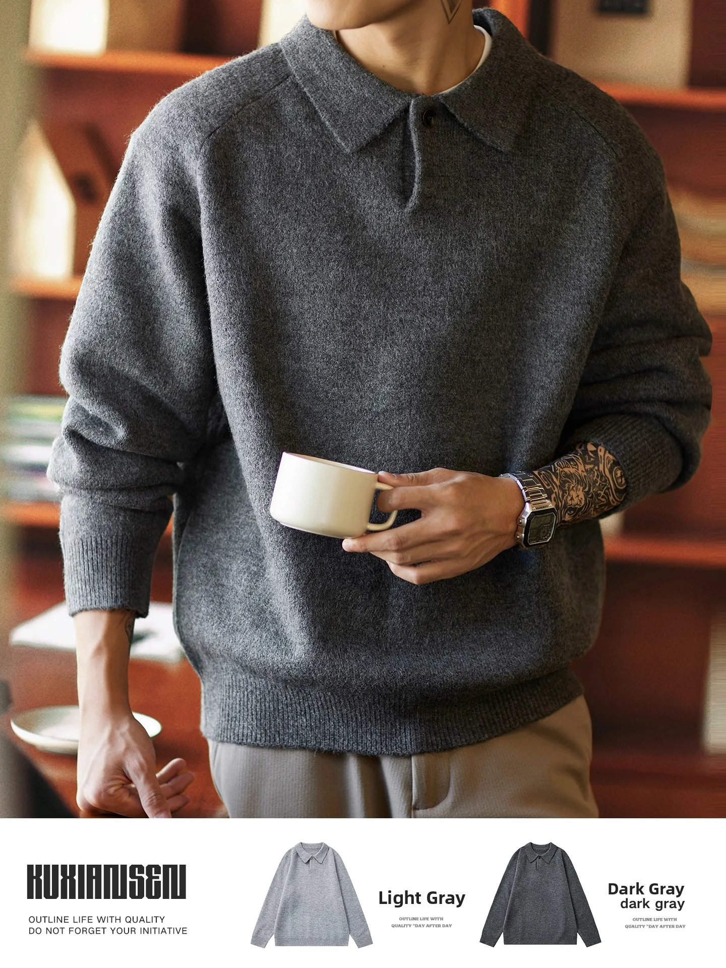

Men's Oversized American Retro Knitwear Sweater with oulder Insertion And Turn-down Collar for Commuting And Casual Wear