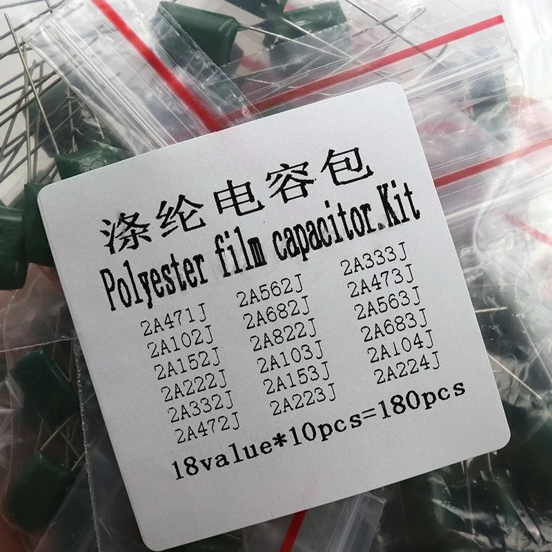 Polyester Film Capacitor Kit 180Pcs 18 Values x 10Pcs Assorted Radial Lead Capacitors for DIY Electronics