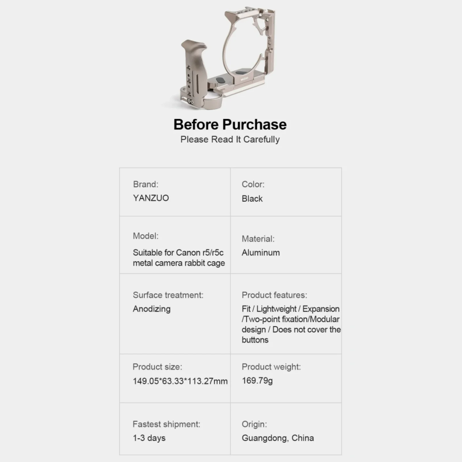YANZUO Suitable for Canon EOS R5 R5C Camera Rabbit Cage Aluminum Alloy Protection Frame Quick Mounting Camera Stabilizer