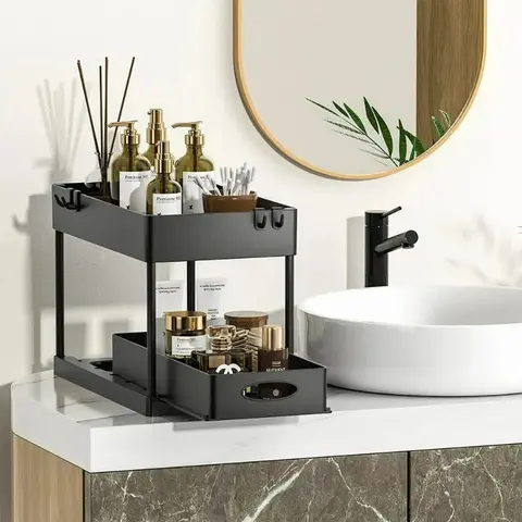 2 Tier Sliding Cabinet Basket Organizer 2 Tier Under Sink Storage Rack with Hooks Hanging Cup for Bathroom Kitchen Organization