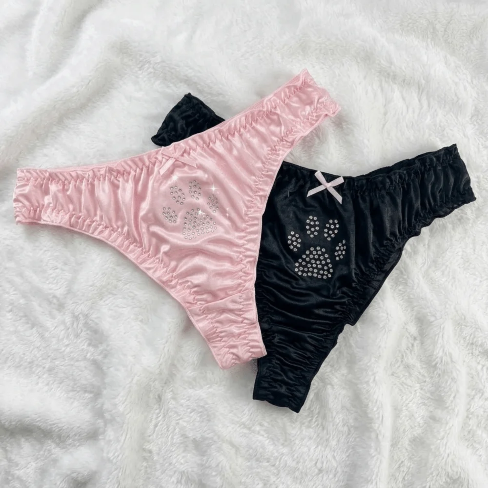 Bow Lolita Cat Paw Panties Ice Silk Kawaii Rhinestone Thongs Daily Lingeries Sweet Ruffle Briefs Women