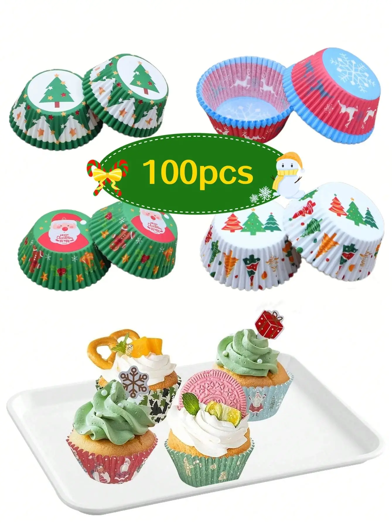 100Pcs Christmas Cupcake Muffin Liners Claus Xmas Tree Pattern Paper Cups for Wedding Party Home Baking Decor Cake Mold Tools