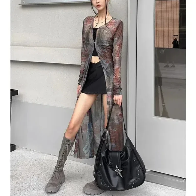 American Retro Printing Gauze Lolita Summer 2024 New Patchwork V-neck Button Fashion Slim All-match Long Sleeved Chiffon Jacket