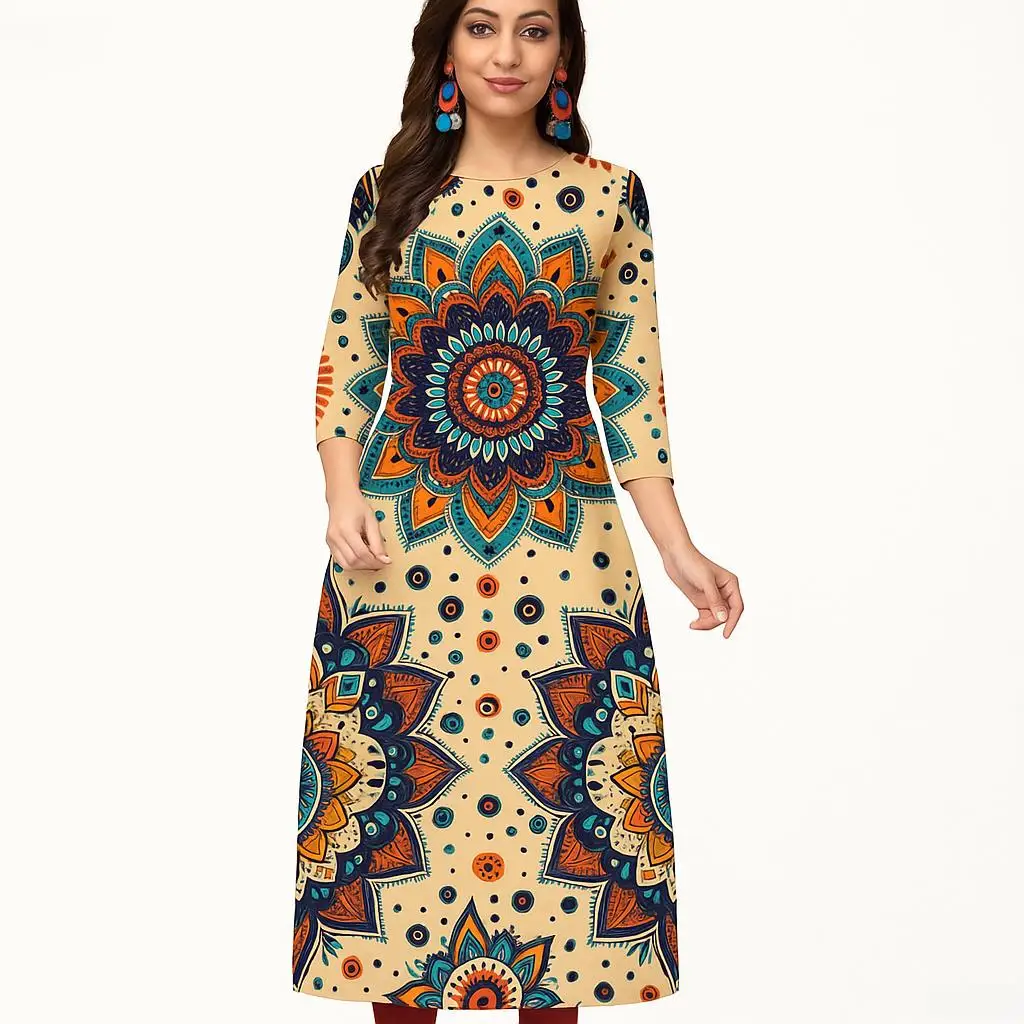 Women's casual, fashionable and comfortable Kurt dress long sleeved straight tube casual ethnic round neck regular size new item