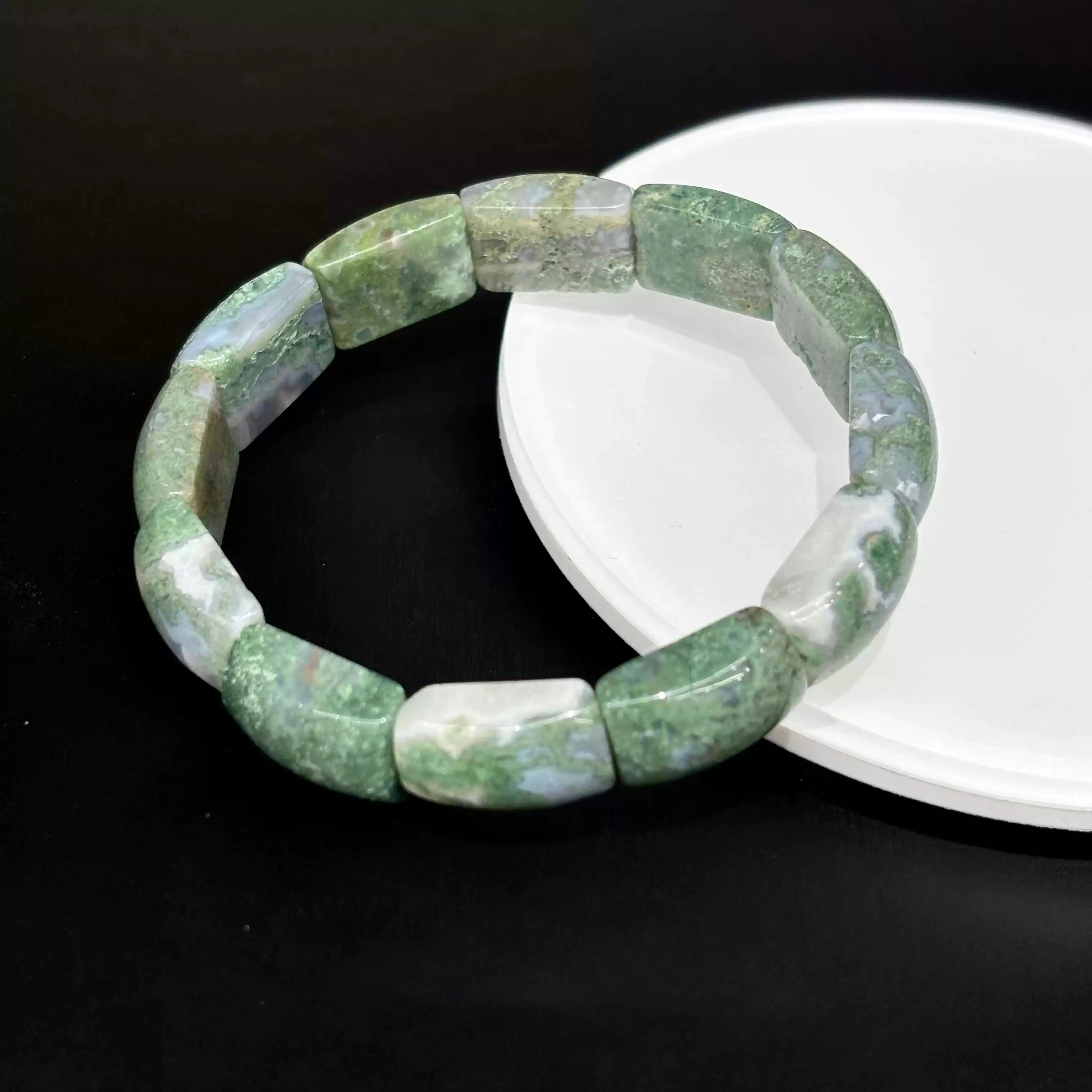 

Natural Green Moss Agate Rectangular Slab Bracelet ,Polished Elongated Segment Stretch Bangle for Contemporary Layering & Gift