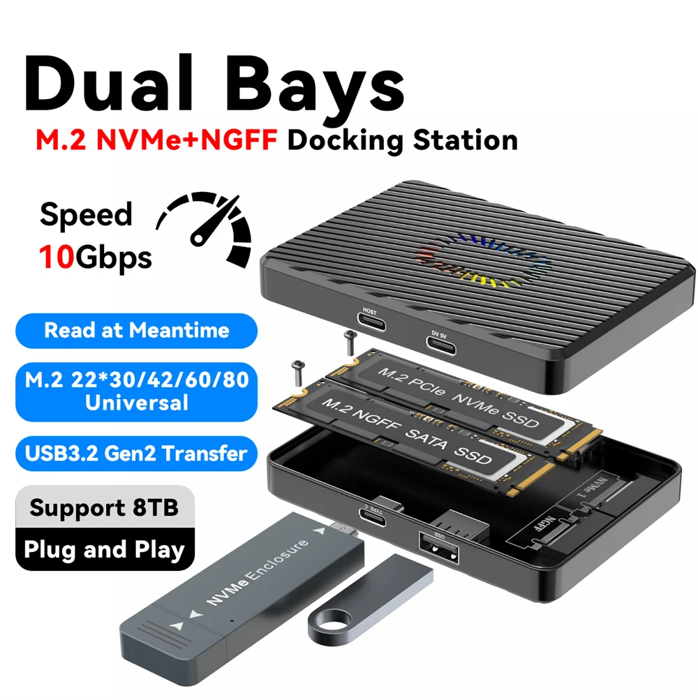 

RGB Dual Bays M.2 Nvme&NGFF SSD Enclouse Case 10Gbps USB3.2 Transfer Docking Station M2 PCIE Sata SSD Disk Box Adapter for PC