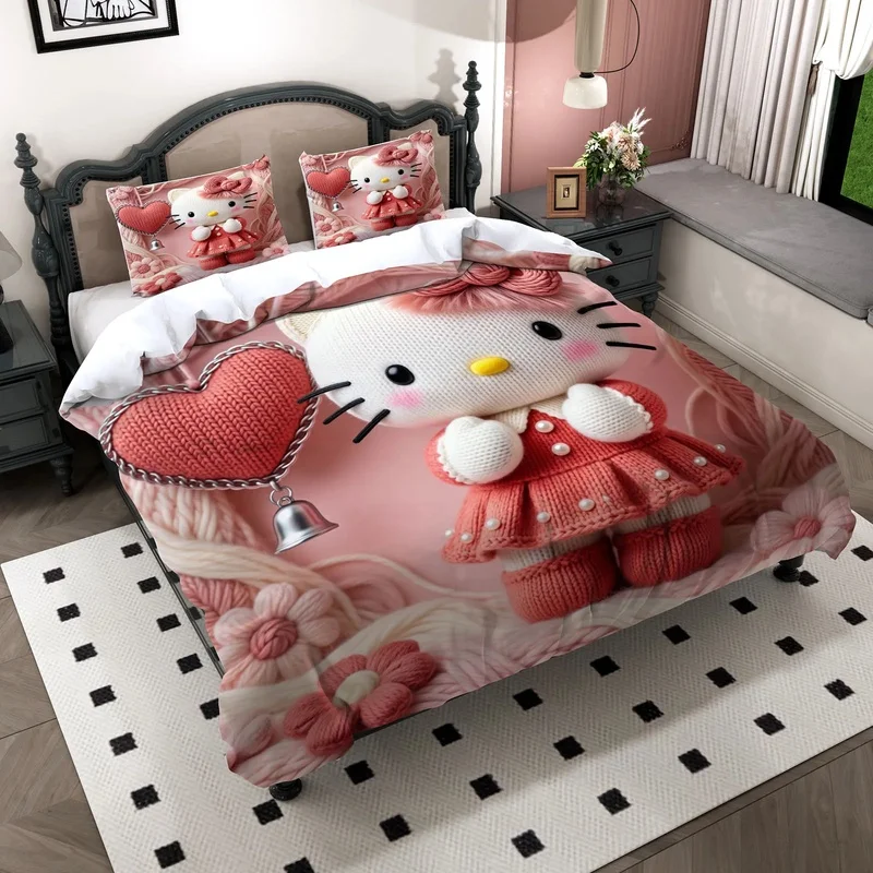 Hello Kitty 3D Simulated Knitting Duvet Cover Set, Lace Pearl Kawaii 3‑Piece Bedding Set Soft Polyester For Girls Bedroom Decor