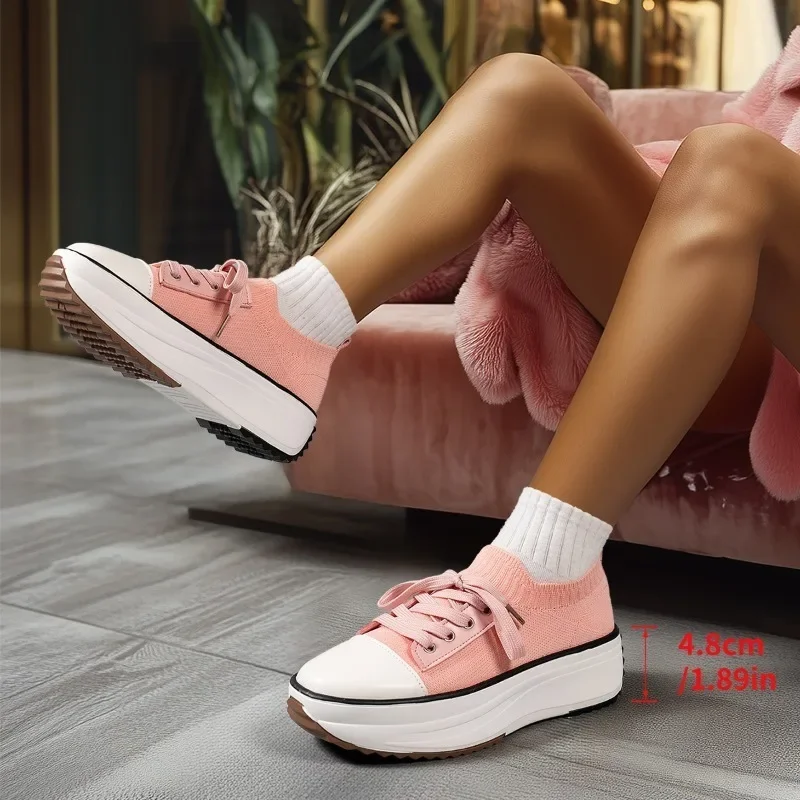 Ladies Shoes 2024 High Quality Lace-up Women's Vulcanize Shoes Fashion Color Matching Hot Sale Round Head Breathable Sneakers