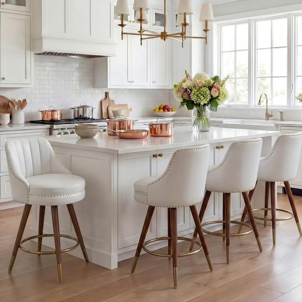 

Набор из 4 белых кожаных вращающихся барных стульев с высокой спинкой для кухни или столовой