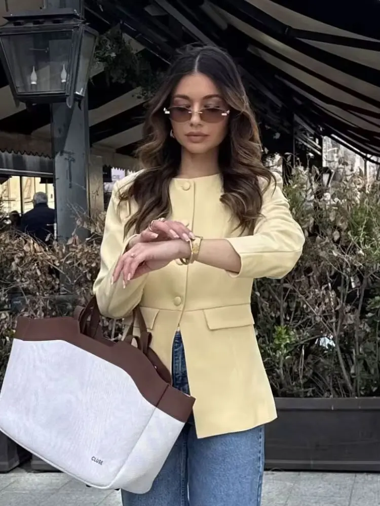 

HH Female Autumn Fashion Yellow Blazer Long Sleeves Solid O Neck Single Breasted Casual Office Lady Outerwear Elegant Coats