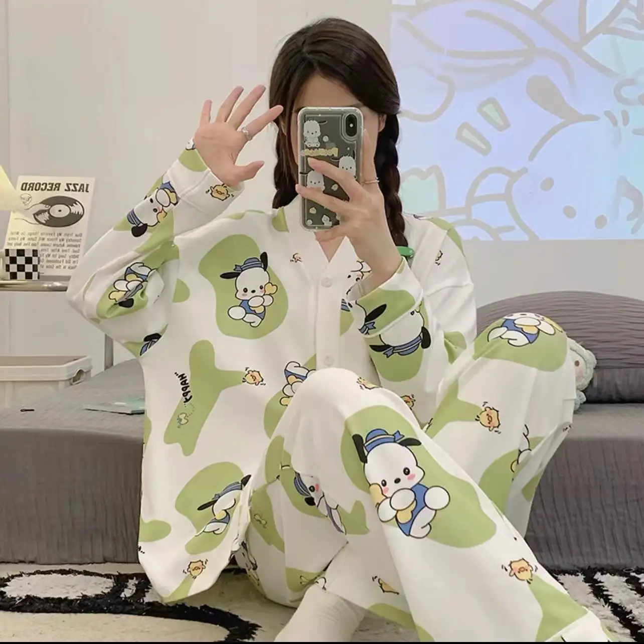 

Kawaii топы с длинными рукавами, пижамы для девочек, милые милые пижамные штаны «Hello Kitty», повседневные штаны Kuromi, комплект домашней одежды Pochacco
