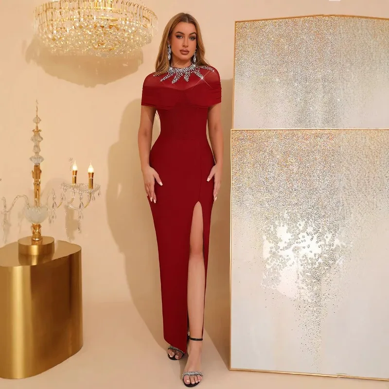 

Women Tight Bandage Dress Mesh High Split Dress Birthday Party Dress