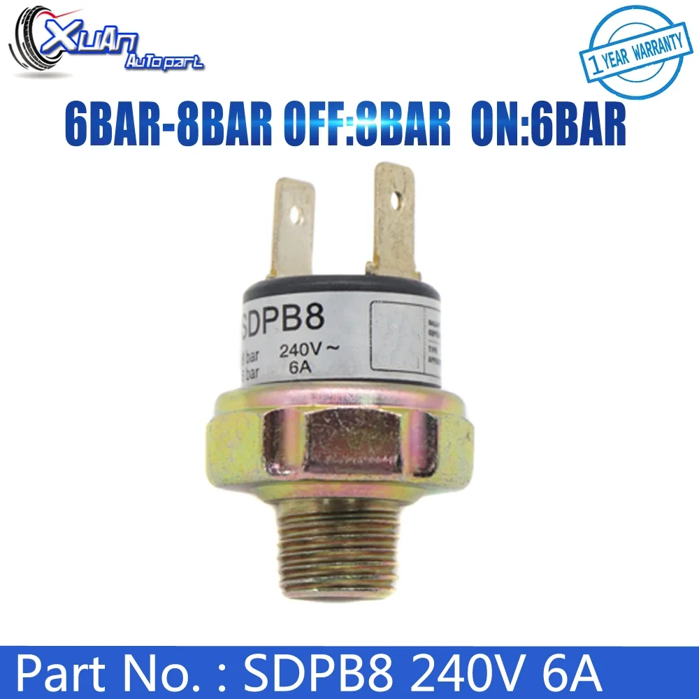 

XUAN Air Compressor Pressure Control Switch Valve Horn SDPB8 240V 6A 6BAR-8BAR OFF 8BAR ON 6BAR