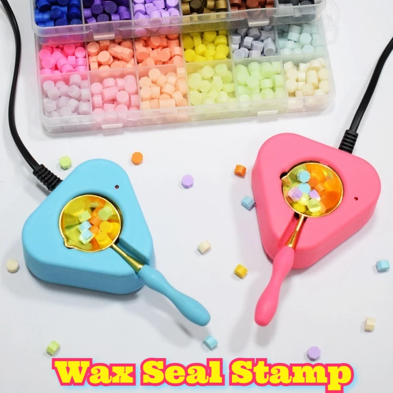 Electric Wax Melter Sealing Wax Kit with Spoon Handle Stirring Needle Seal Heads Wax Beads Sticks DIY Craft Stationery Letter