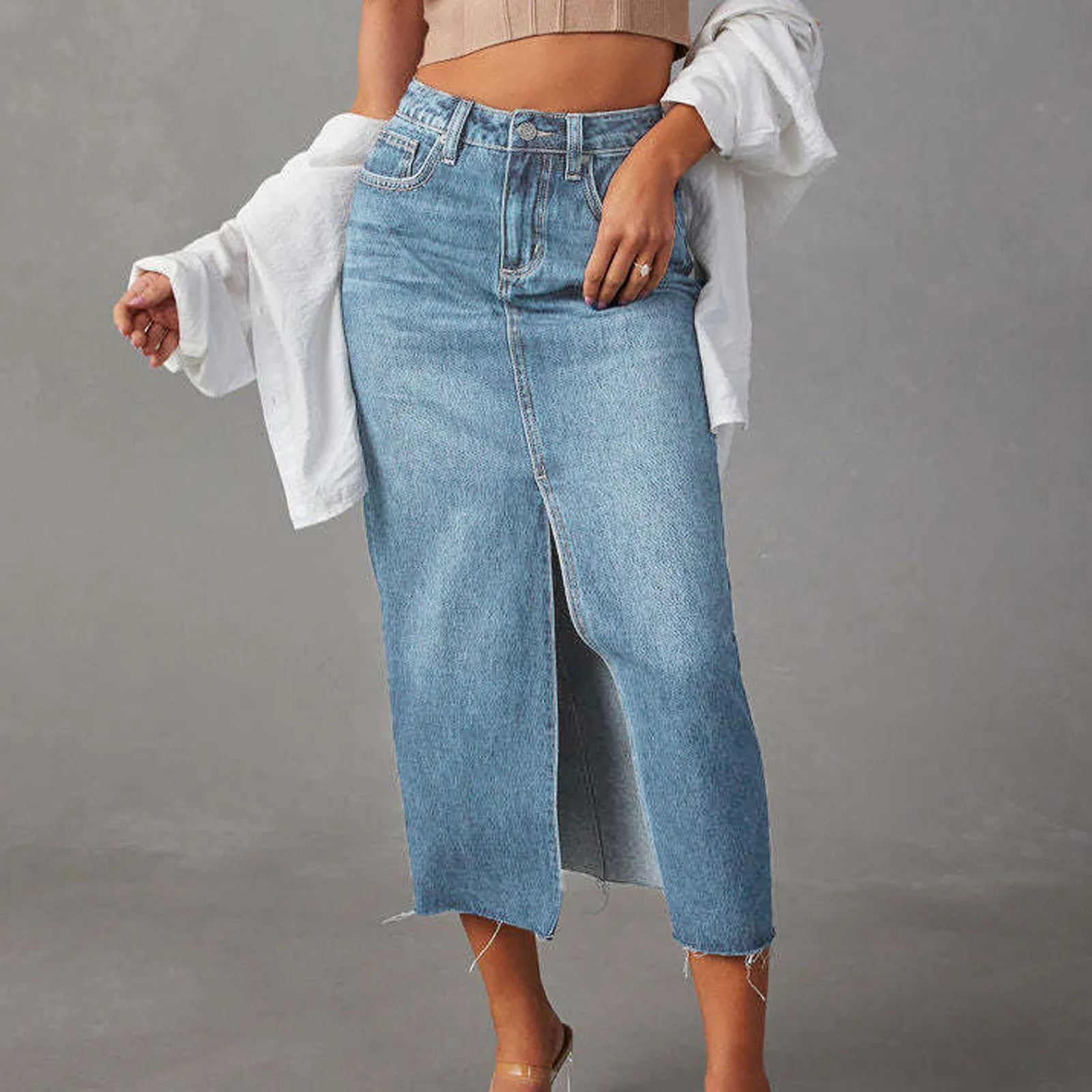 2024 Summer Midi Skirts Vintage Korean Style Skirts For Women Black Blue Jeans Skirt High Waisted Denim Skirt Front Slit