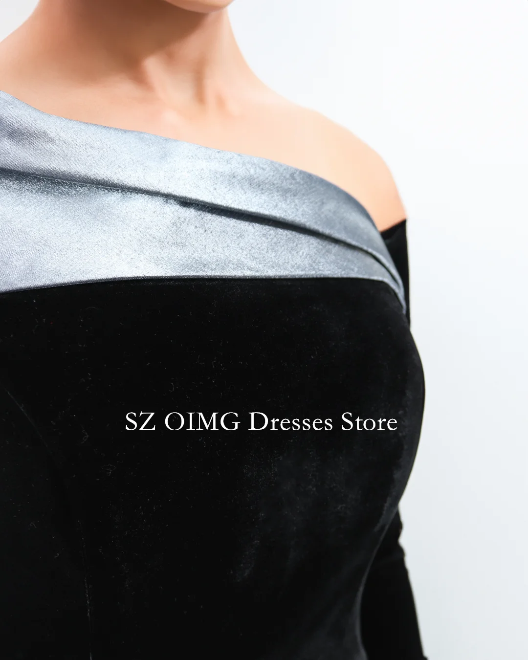OIMG 2024 New Women\'s Maxi Crepe Satin Customized Prom Dress BLACK COLUMN DRESS WITH SILVER STRUCTURED COLLAR Party Dress