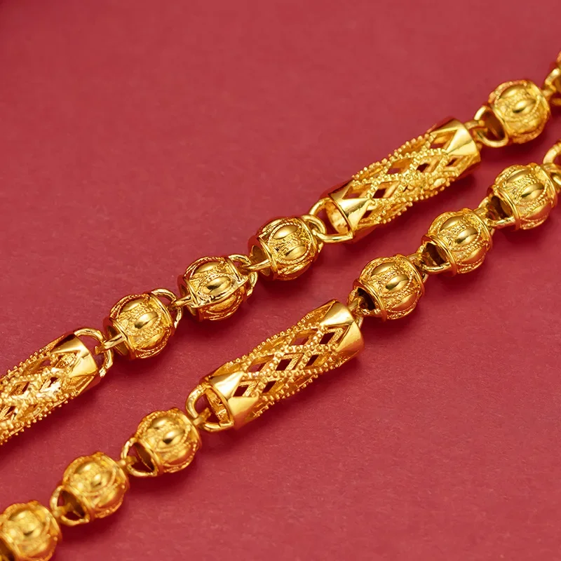 9999 Real Gold 24K Men's Hollow Carved Grid Cylinder with Frosted Bead Necklace Fashion