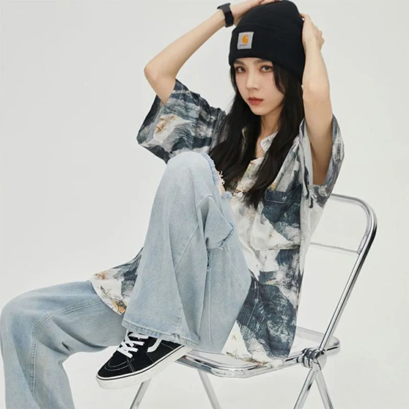 المرأة الوردي التعادل صبغ طباعة التلبيب قمصان الصيف عادية فضفاض قصيرة الأكمام قميص معطف الإناث موضة الشارع الشهير Y2K زر البلوزات