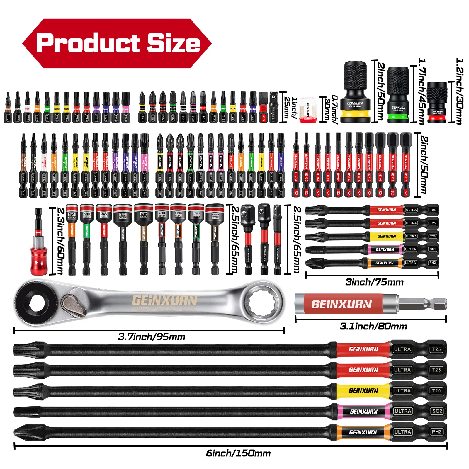 Geinxurn 92PCS Mixed Driver Bit Sets With Quick Change Impact Adapter & Nut Driver, Magnetic S2 Steel Bits Set For DIY
