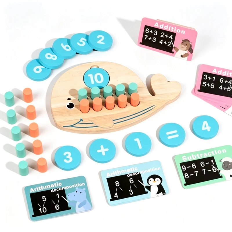 Wooden Number Board Whale Shaped Ten Digit Counter Cognitive Matching Game Addition Subtraction Operation Children's Math Toys