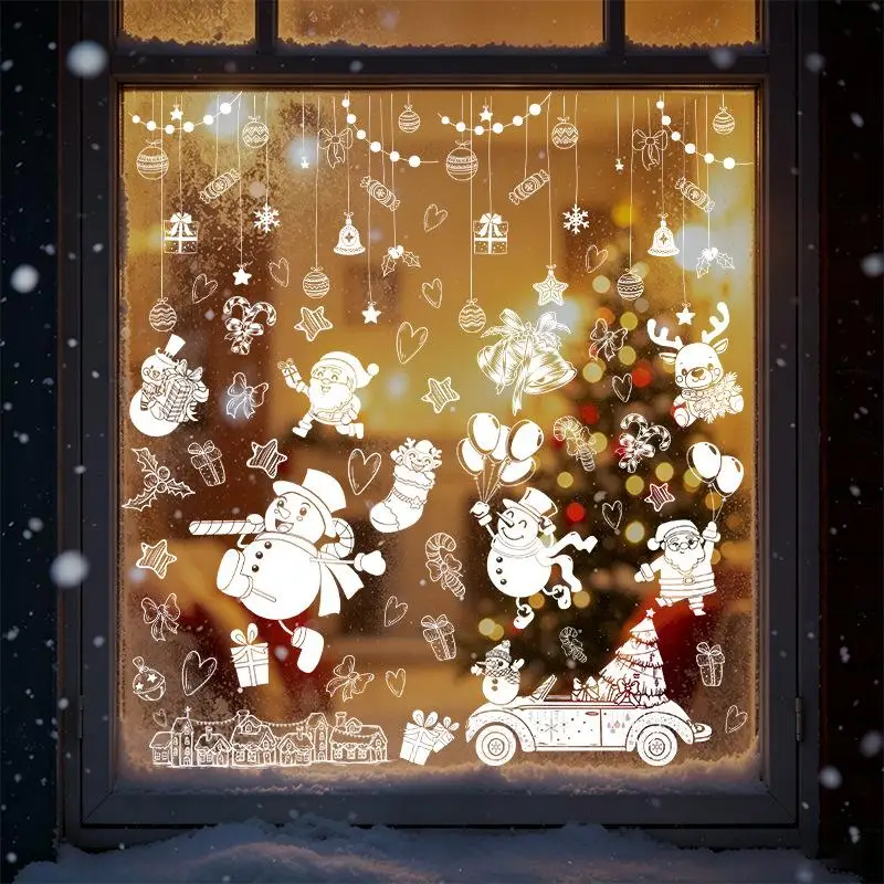 4Pcs Minimalist Static-cling White Lines Glass Decals For Christmas Featuring Snowmen Santa Claus And Balloon Glass Windows