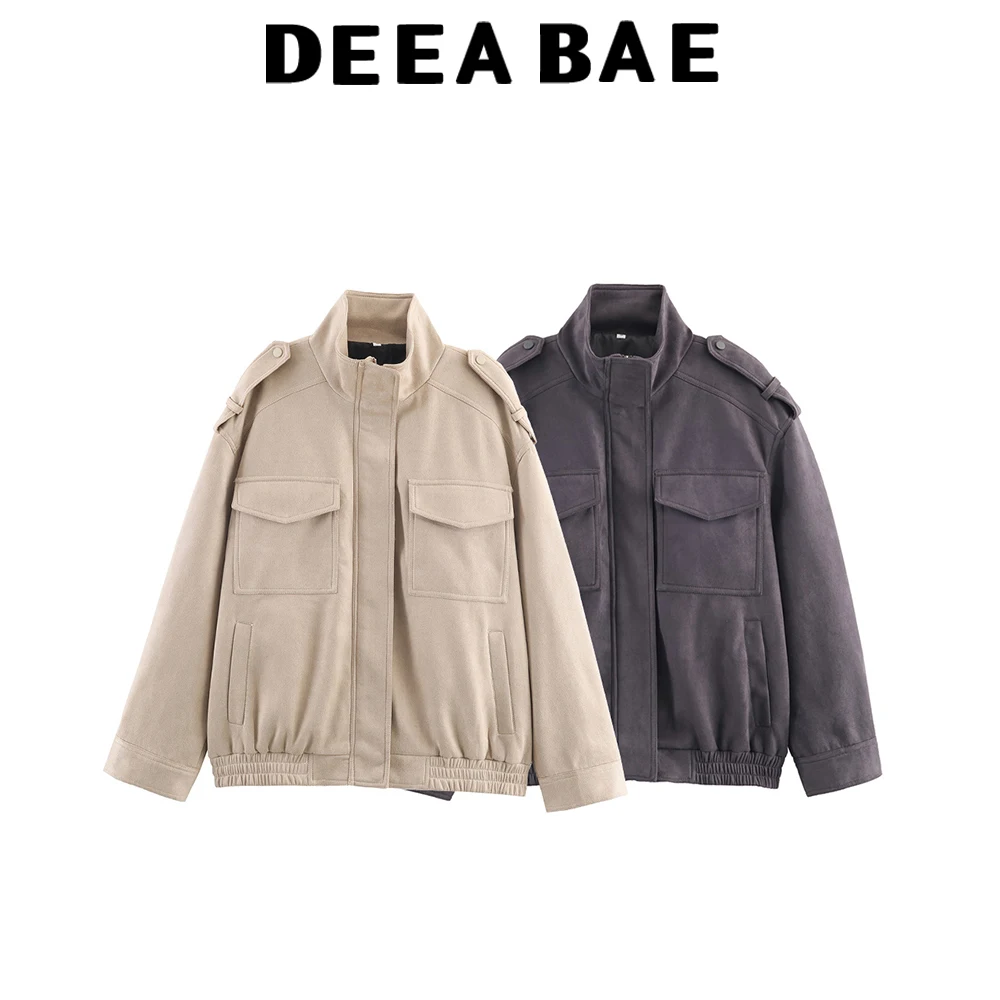 

DEEABAE Autumn new women's clothing high-end commuting fashion American standing collar suede texture leather jacket