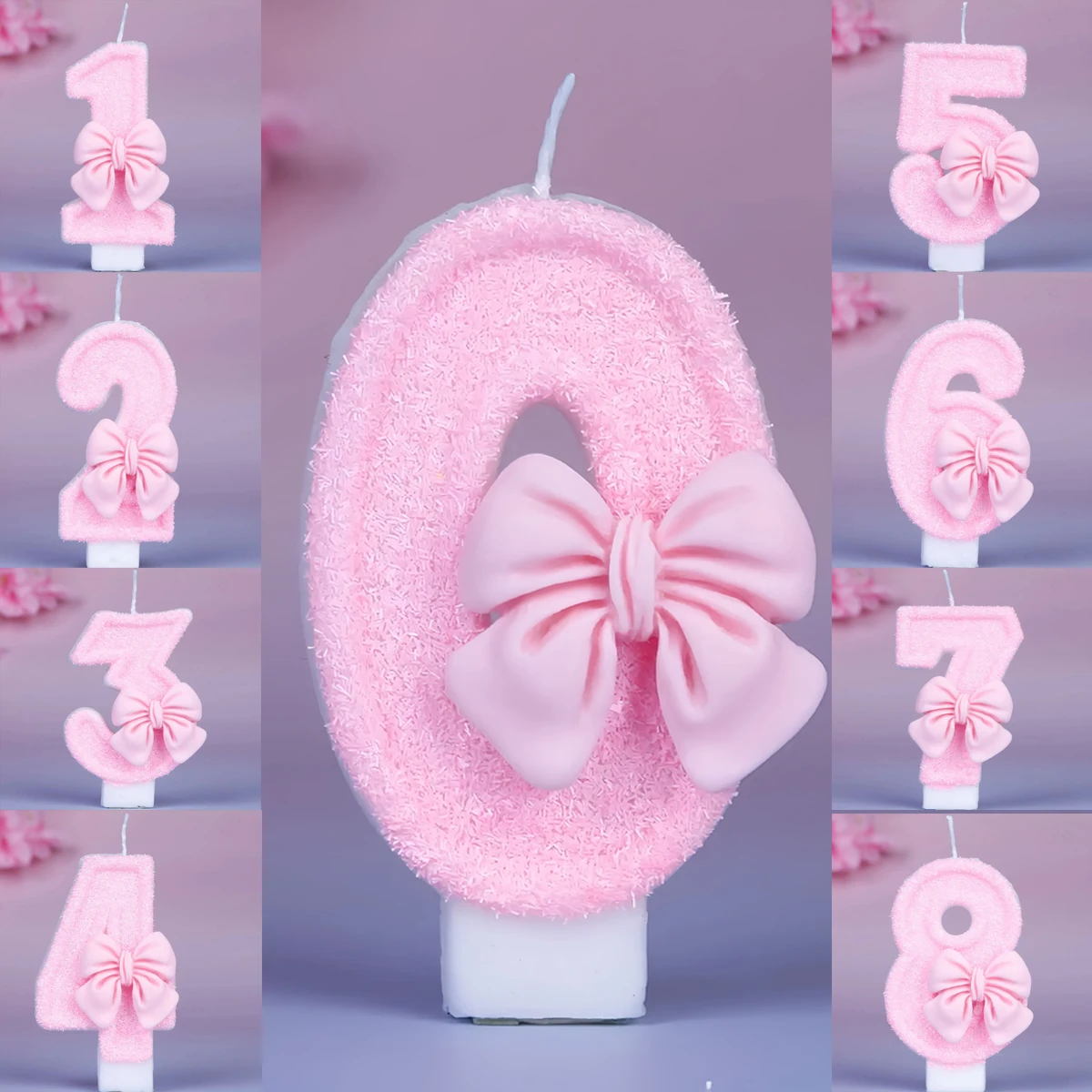 Pink Number Birthday Candles 0-9 with Bow - Glittery Cake Topper Decoration for Girls Party Anniversary DIY Celebration