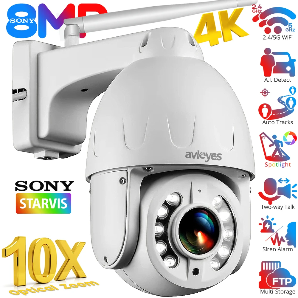 4K 10X 5X Optical Zoom WiFi PTZ Camera Outdoor 8MP 5MP Auto Tracks AI. Detect Dome IP Cameras Spotlight Siren Alarm Security Cam