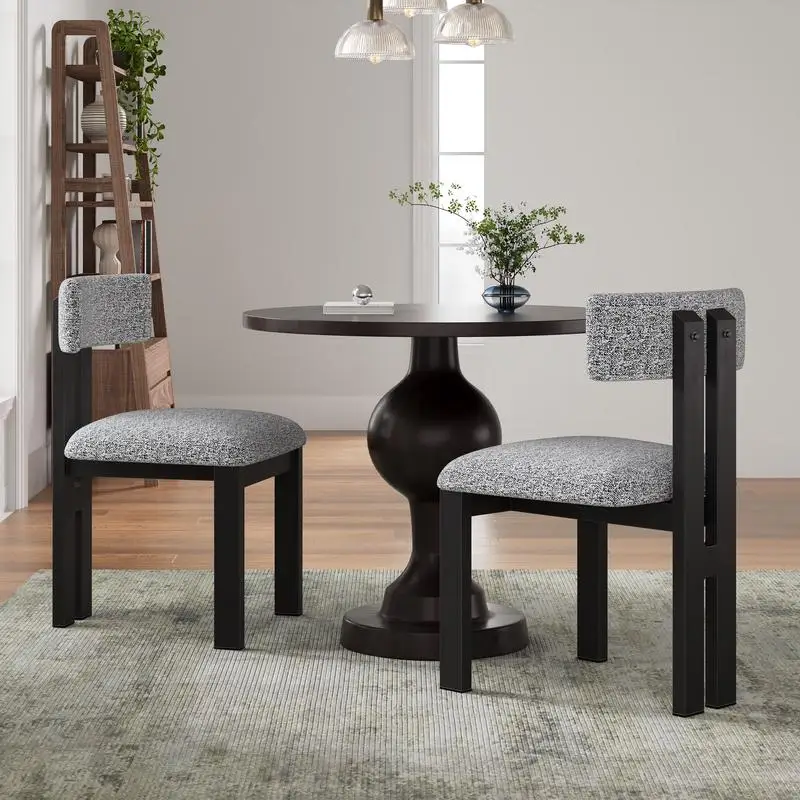 3-Piece Dining Set, Upholstered Chairs with Metal Legs (Set of 2) in Black and White + Round Dining Table for Modern Home Décor