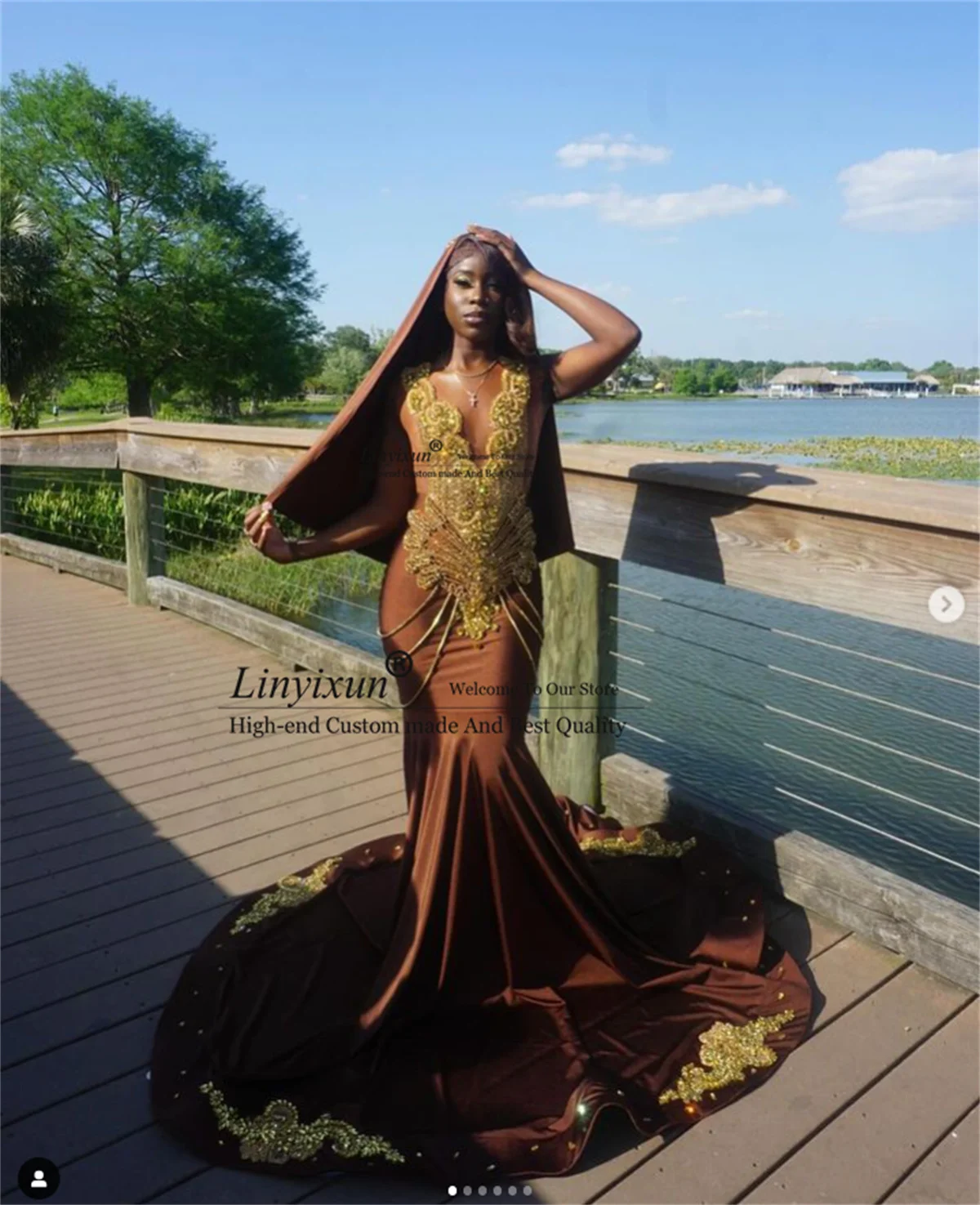 Elegant Brown Beaded Sequins Ruched Prom Dress For Black Girls Mermaid Evening Party Gala Gown Appliques Lace Vestidos De Festa