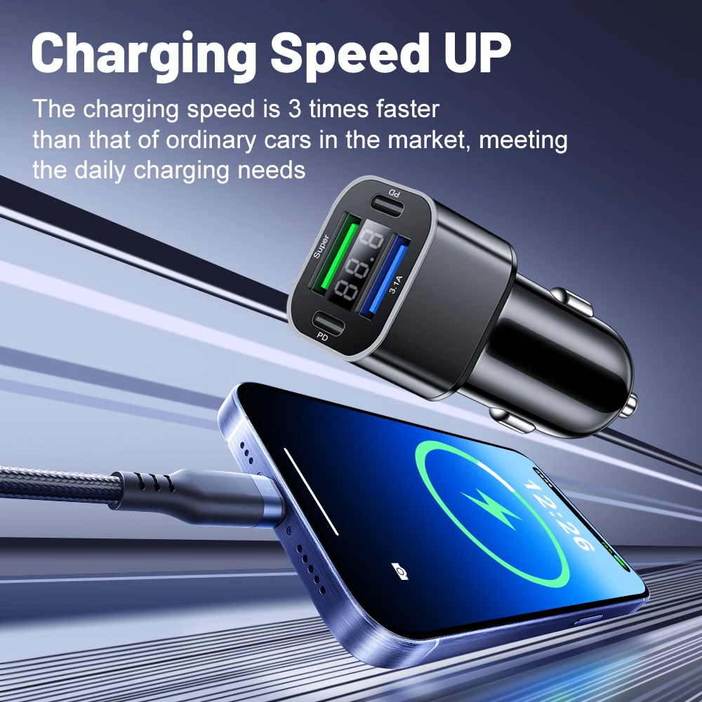 USB C Car Phone Charger Dual PD 4 in 1 with Voltage Display Super Fast Charge Adapter for iPhone Xiaomi Oppo Vivo Samsung