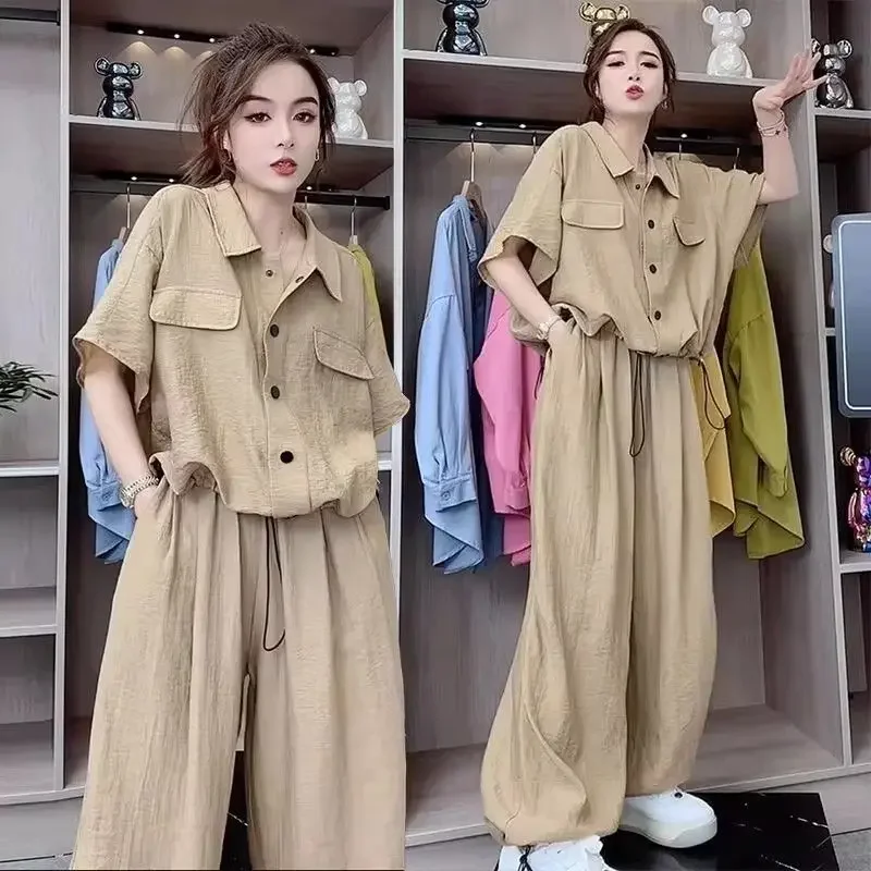 Casual Fashionable Women's Set Summer 2026 Loose plus Size Short Sleeve Wide Leg Pants Drawstring Design Breathable Spring Su...