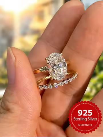 925 Sterling Silver Fashion Plain Oval Zircon Stackable Set Ring For Women Anniversary Wedding Luxury High Quality Fine Jewelry