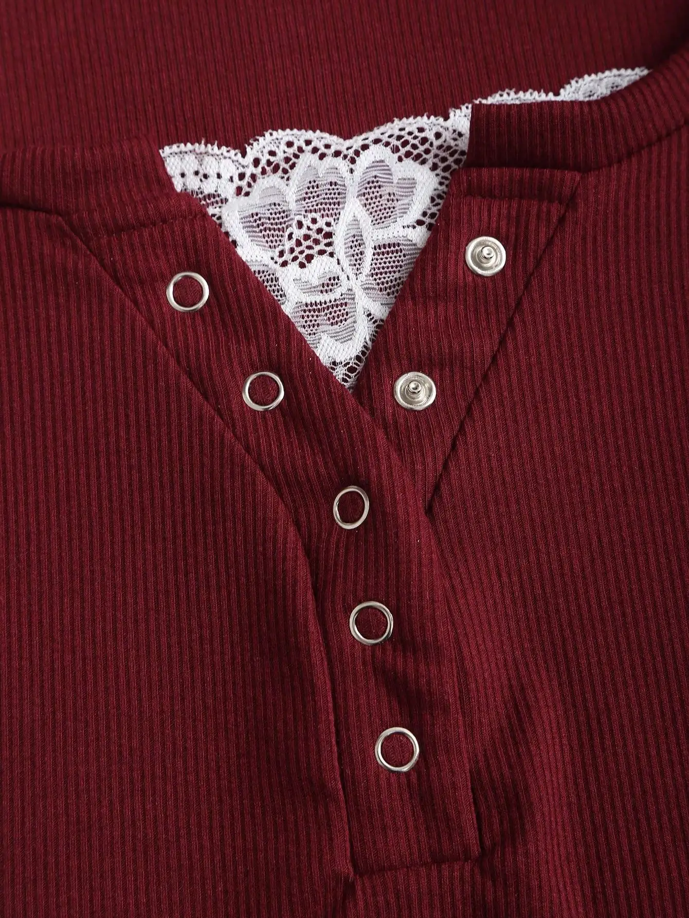 Top Henley de Manga Larga Acanalado para Mujer con Inserto de Encaje, Suave, Cómodo y Ajustado para Otoño