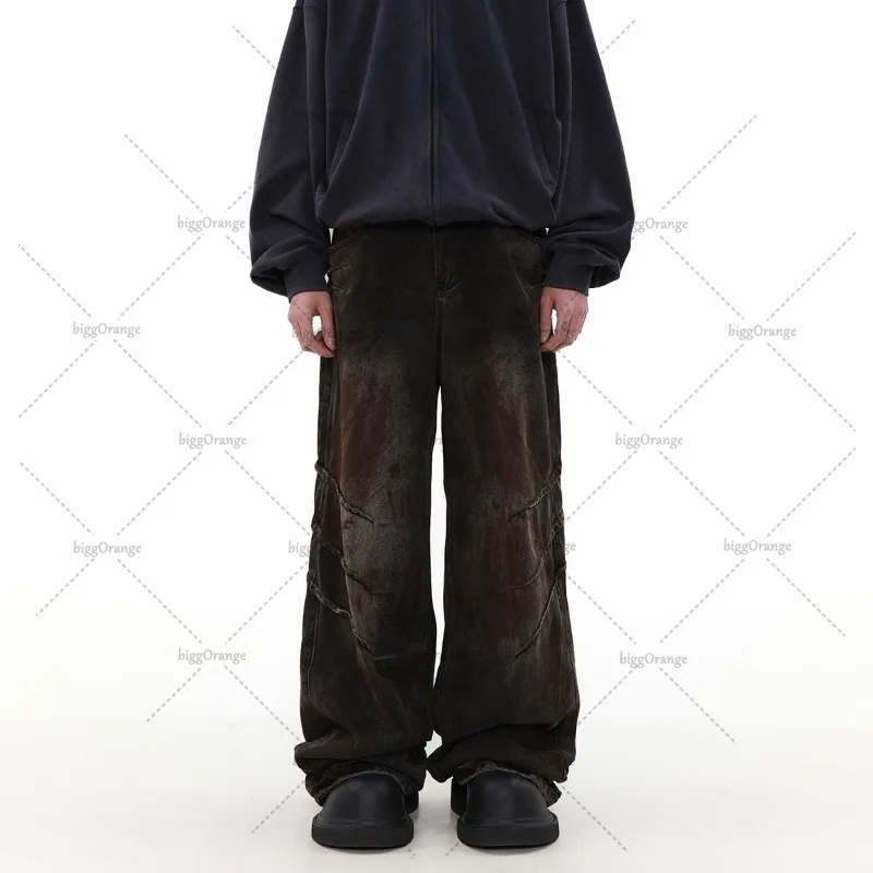 

Gothic Punk Classic Washed Distressed Jeans Y2K Harajuku Retro Trousers Men Hip-hop Fashion Streetwear Straight Wide-leg Pants