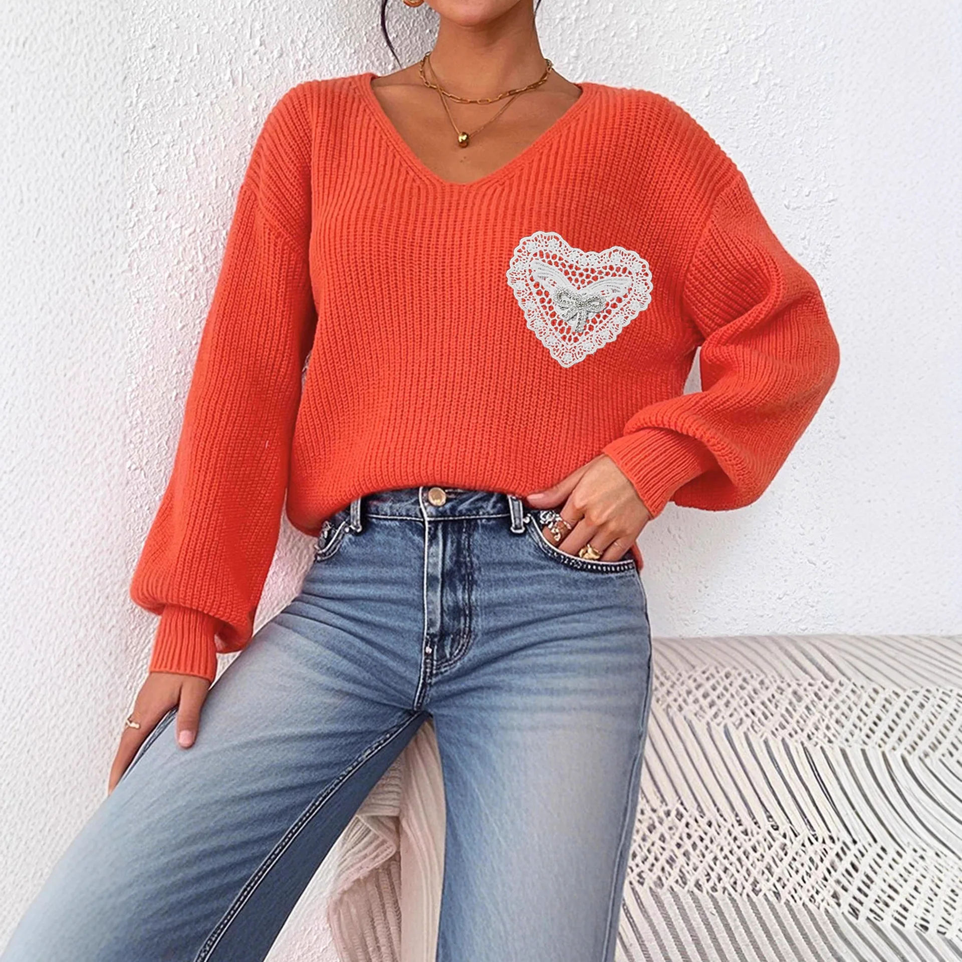 秋と冬のセーター レディース Vネックセーター レース象嵌 ブリックボウとインターフェースバッグ付きプルオーバートップ