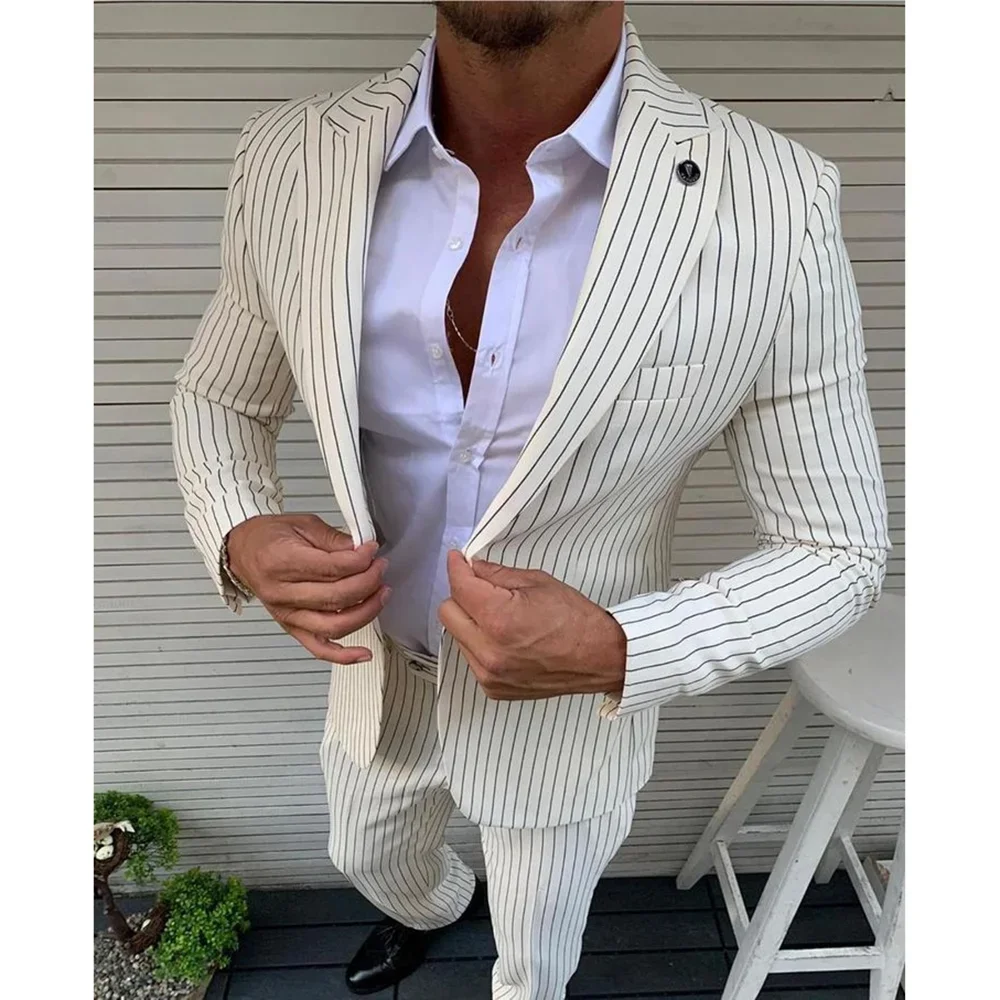 

Elegant Pinstripe Men Suits Two Piece Fashion Peak Lapel Single Breasted Outfits Wedding Business Casual Daily Male Suit Slim