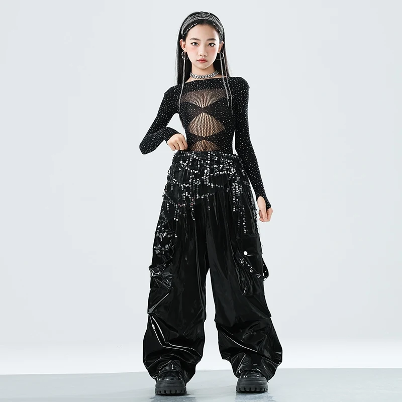 Kpop Jazz Dance Clothes Girls Rhinestone Mesh Tops Black Leather Pants Catwalk  Concert Stage Wear Performance Costume