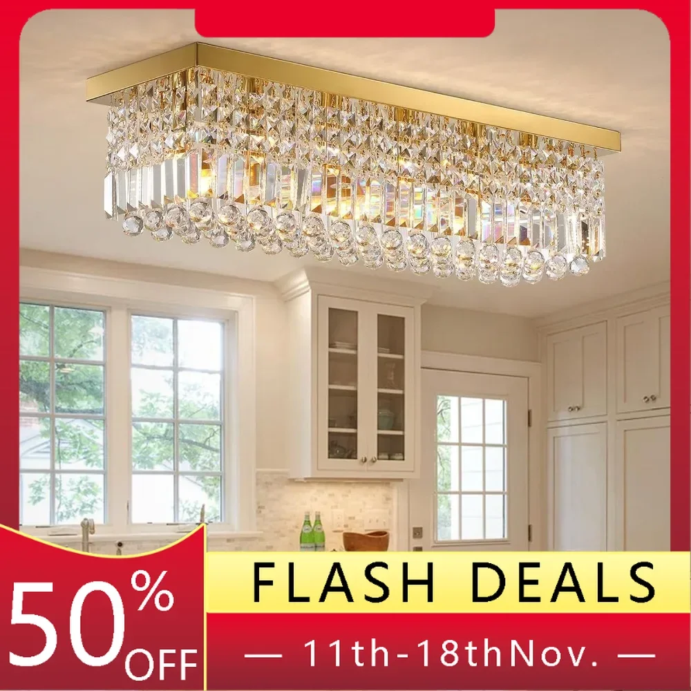 Modern Crystal Chandelier 6-Lights Rectangle Flush Mount Pendant Ceiling Light Fixture Luxury Gold Rectangular Crystal Raindrop