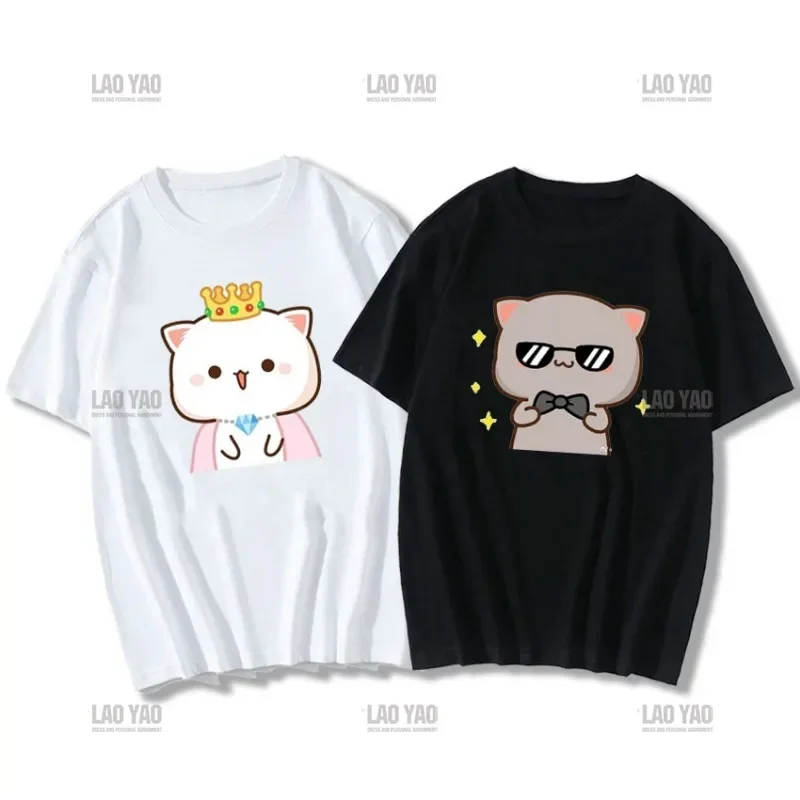 Cute Peach Cat Cartoon Couple Print Shirt Unisex Shirt Gray Sent Flowers To Peach T Shirt Cotton Lovers\' Clothes Casual Tee