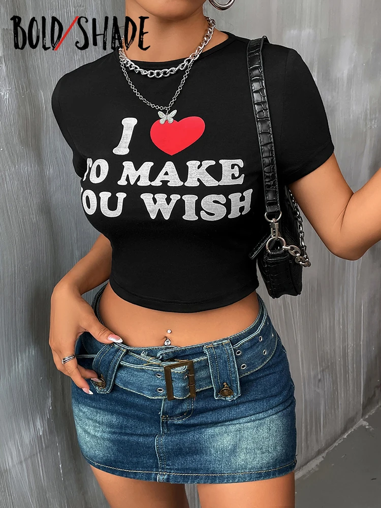 

Bold Shade Letter Printed Black Y2k Sexy Baby Tees 90s Grunge Streetwear Fashion Crop Tops Female Bodycon Short Sleeve T-shirts