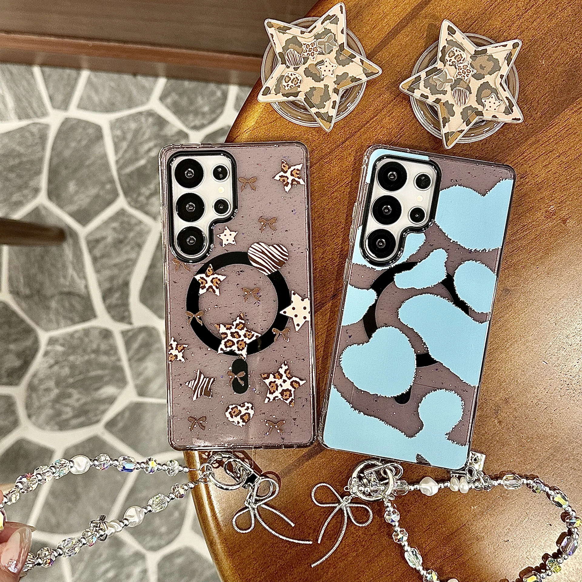 

Back Cover For Samsung Galaxy S26 S25 Ultra S24 Plus S23 Case Stars Leopard Bracket Magnetic Attraction Wristband Chain Case