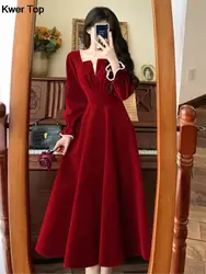 Women Vintage A-line Wedding Party Dress Autumn Fashion Elegant Long Sleeve Backless Red Vestidos Female Princess Robe Spring